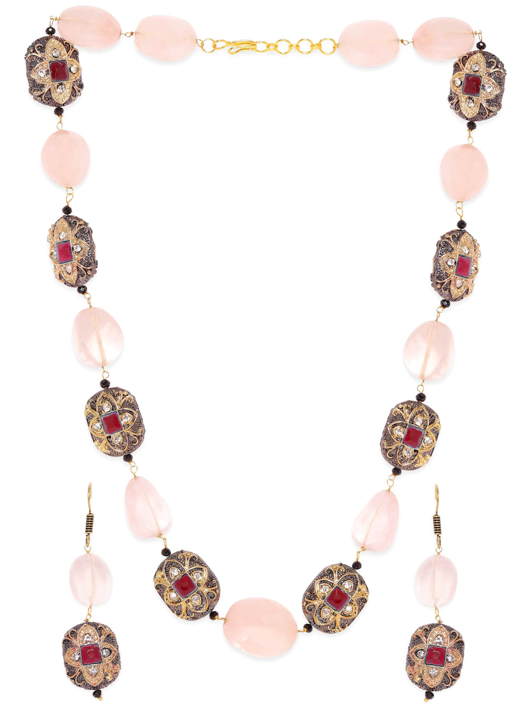 Gold plated Semi precious Gem Rose Quartz Beaded Zirconia studded Victorian Statement Necklace Set