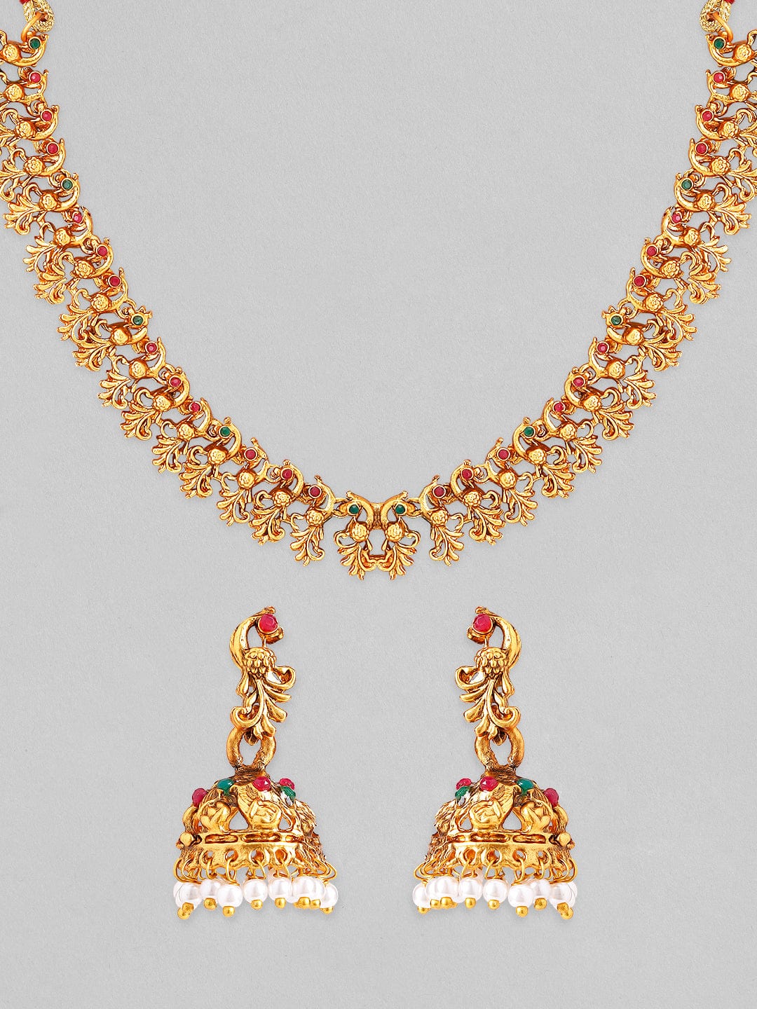 Gold-Plated Red & Green Stone Studded Handcrafted Traditional Temple Jewellery Set