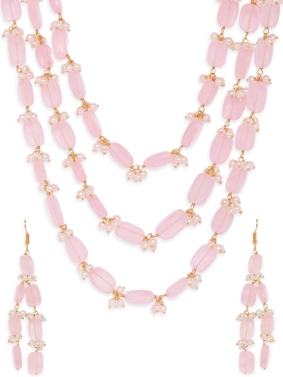 Gold Plated Semi precious Rose quarts Gem Beaded Zirconia studded Multilayer Statement Necklace Set