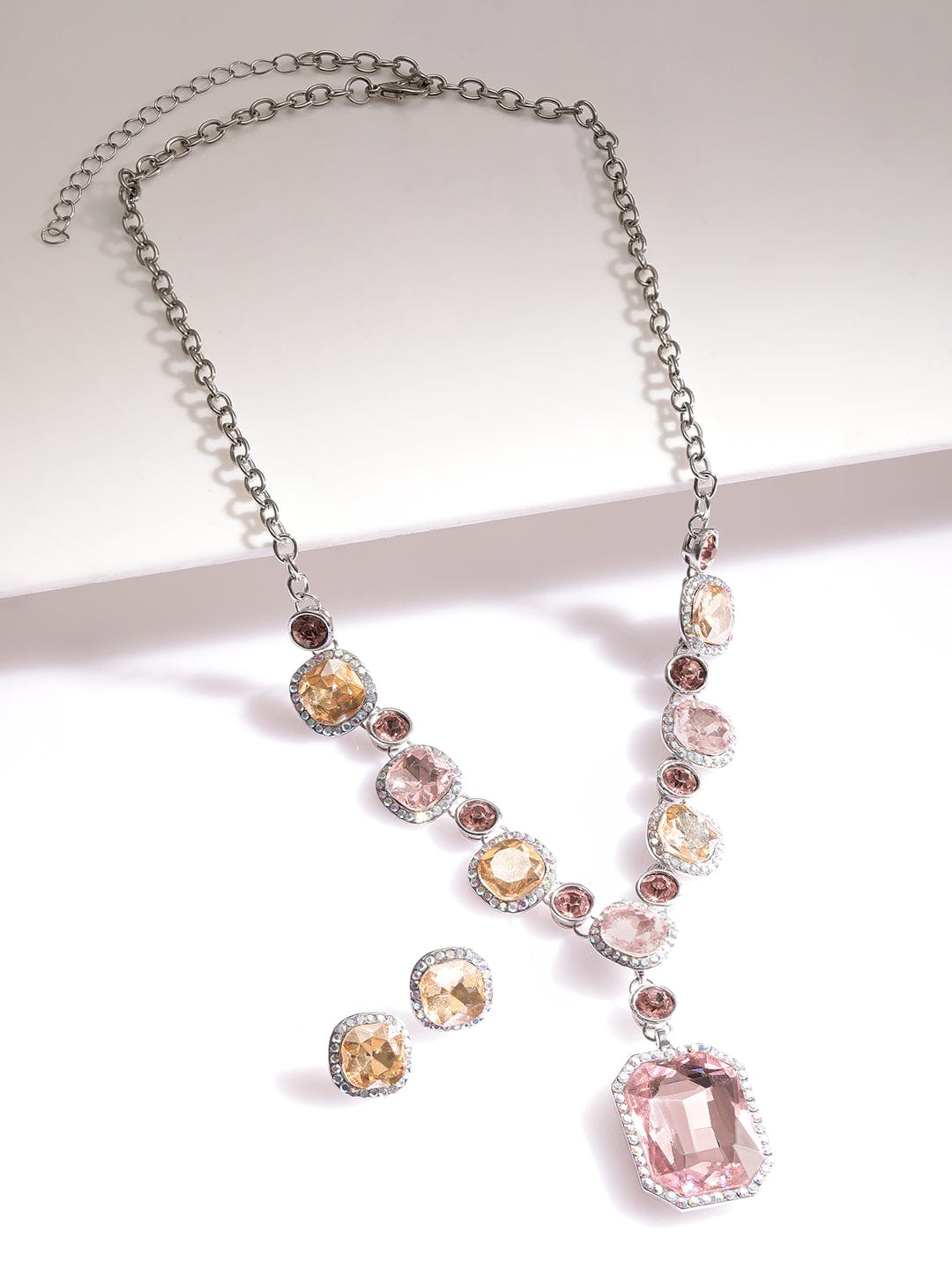 Rhodium-Plated Royal Kaleidoscopic Zirconia Embellished Cherry Blossom Necklace set