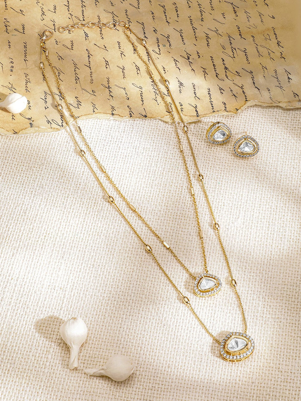 Gold Plated Polki and CZ Studded Double Layered Trendy Necklace Set with Earrings