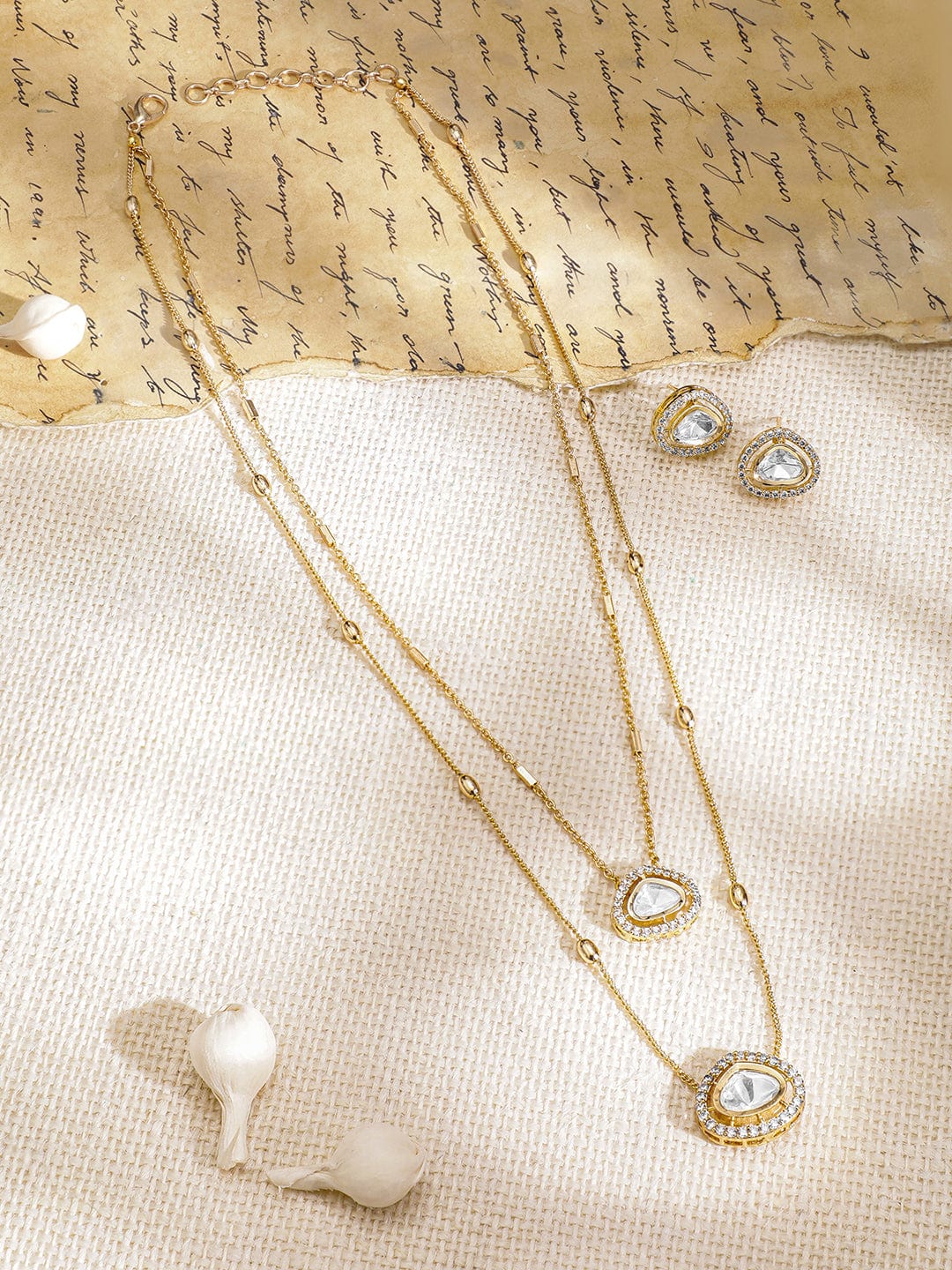 Gold Plated Polki and CZ Studded Double Layered Trendy Necklace Set with Earrings