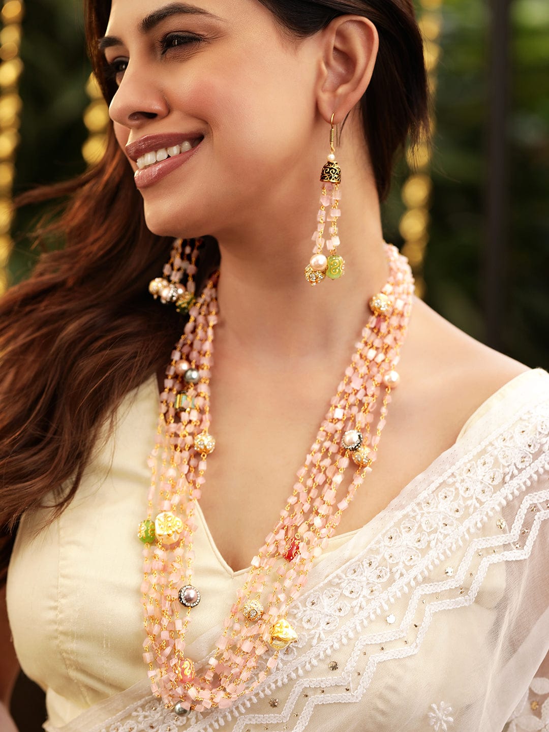 Gold plated Rose Quartz Semi precious Gem Beaded Zirconia studded Multilayer Statement Necklace Set