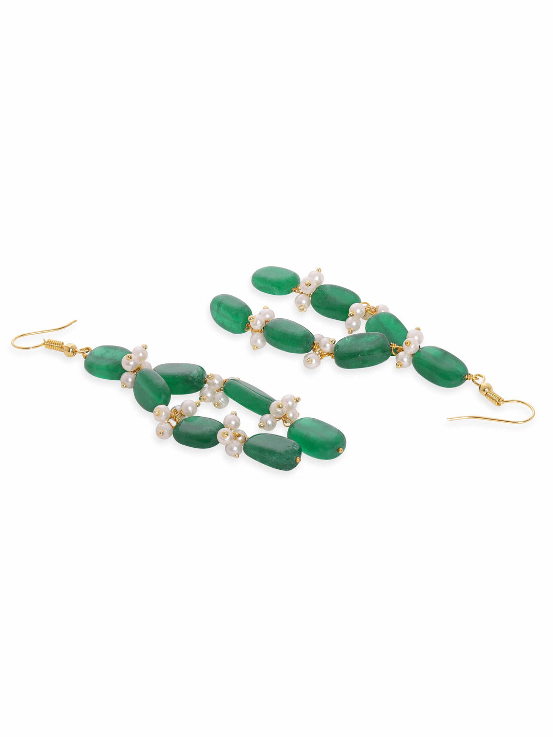 Gold Plated Semi Precious Green Aventurine Gem Beaded Zirconia studded Tri Layer Statement Necklace Set