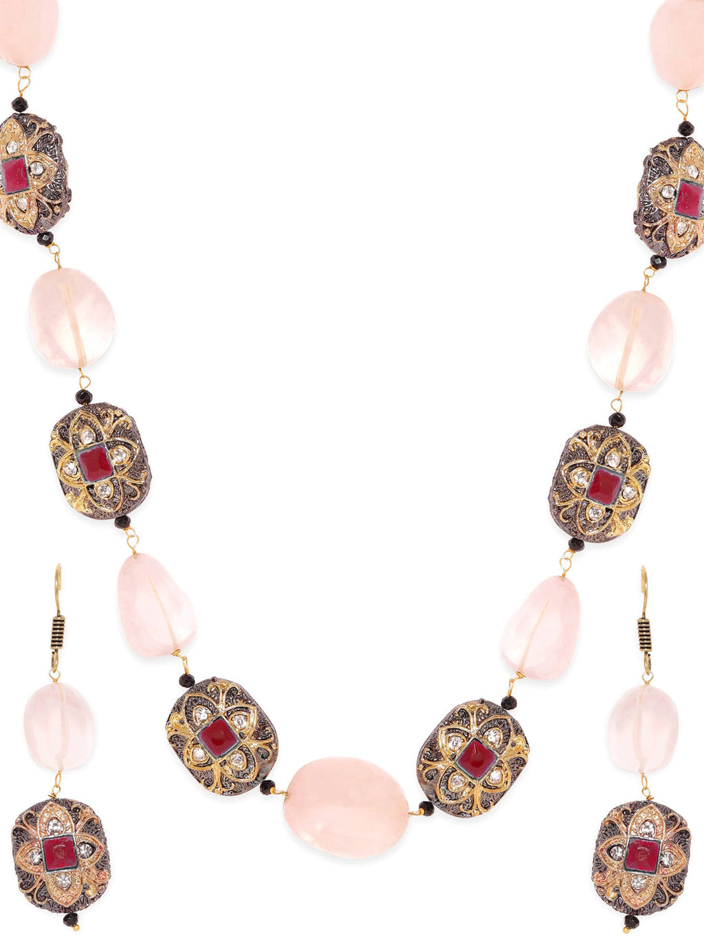 Gold plated Semi precious Gem Rose Quartz Beaded Zirconia studded Victorian Statement Necklace Set