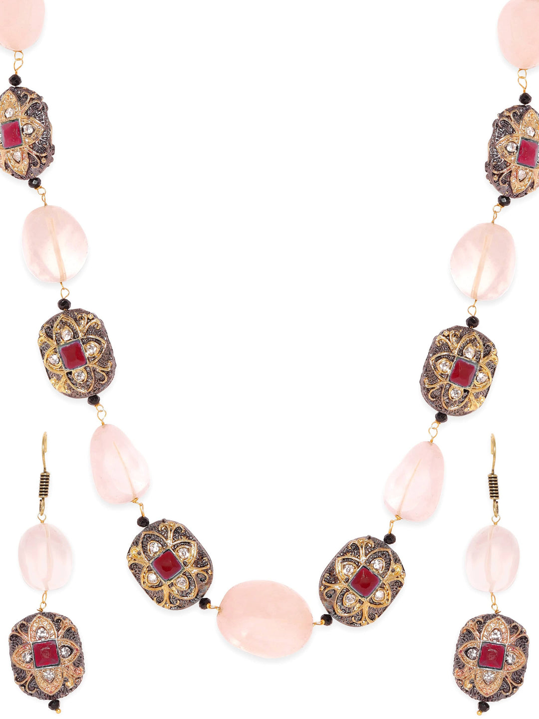 Gold plated Semi precious Gem Rose Quartz Beaded Zirconia studded Victorian Statement Necklace Set