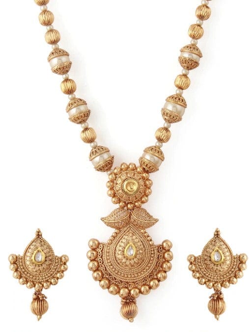 Traditional Handcrafted Gold Toned Kundan Embellished With Pearl And Gold Filigree Beads Necklace Set