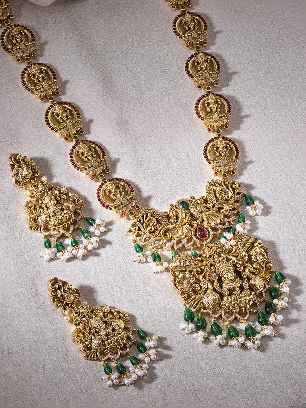 Gold plated Kemp Red & Green Stone, Handcrafted Pearl beaded Temple Necklace Set