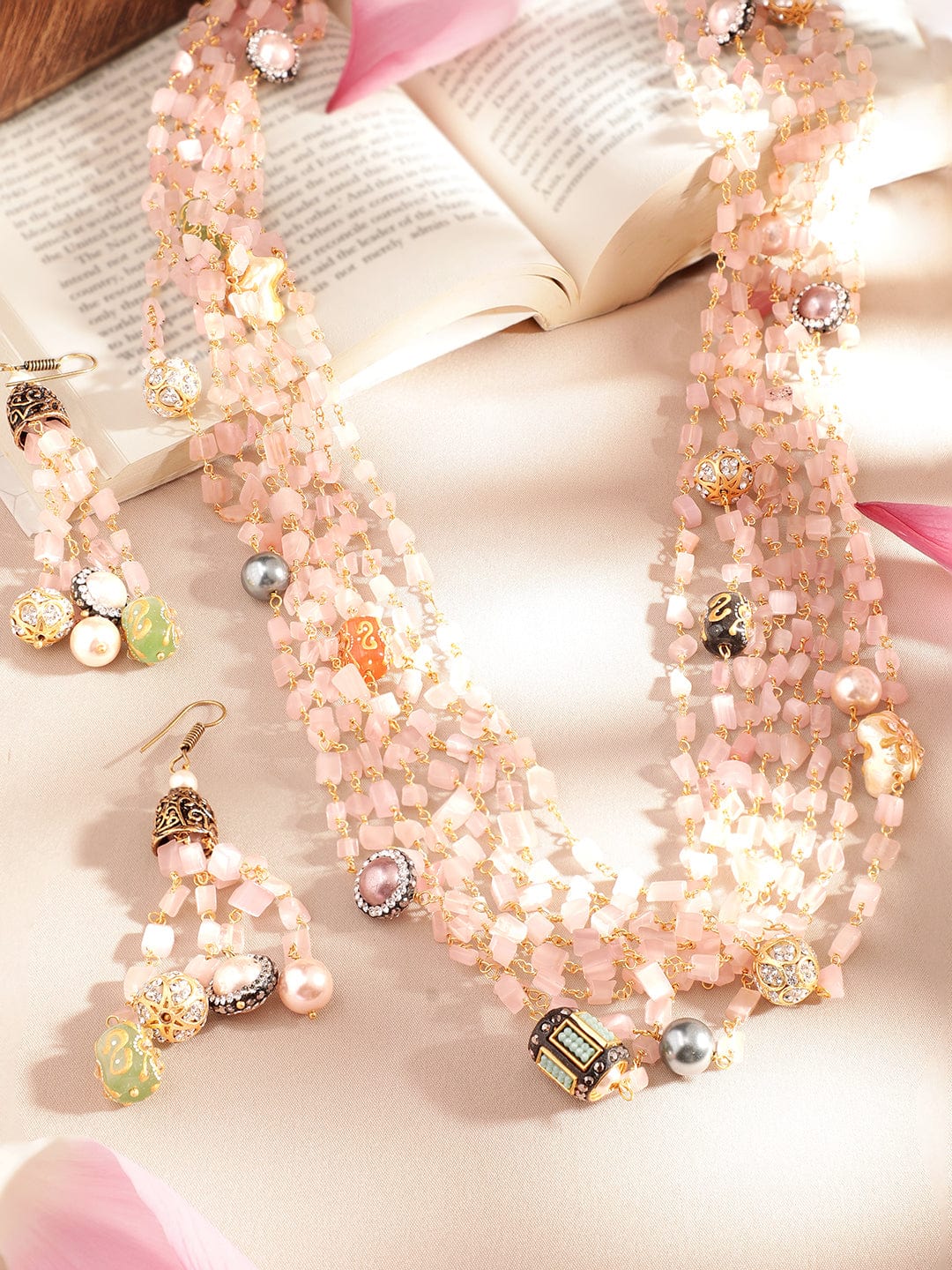 Gold plated Rose Quartz Semi precious Gem Beaded Zirconia studded Multilayer Statement Necklace Set