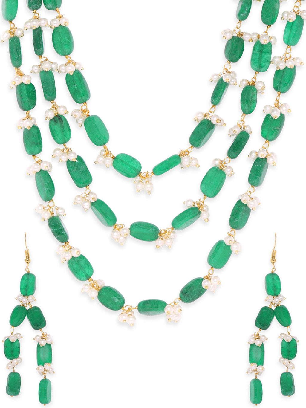 Gold Plated Semi Precious Green Aventurine Gem Beaded Zirconia studded Tri Layer Statement Necklace Set