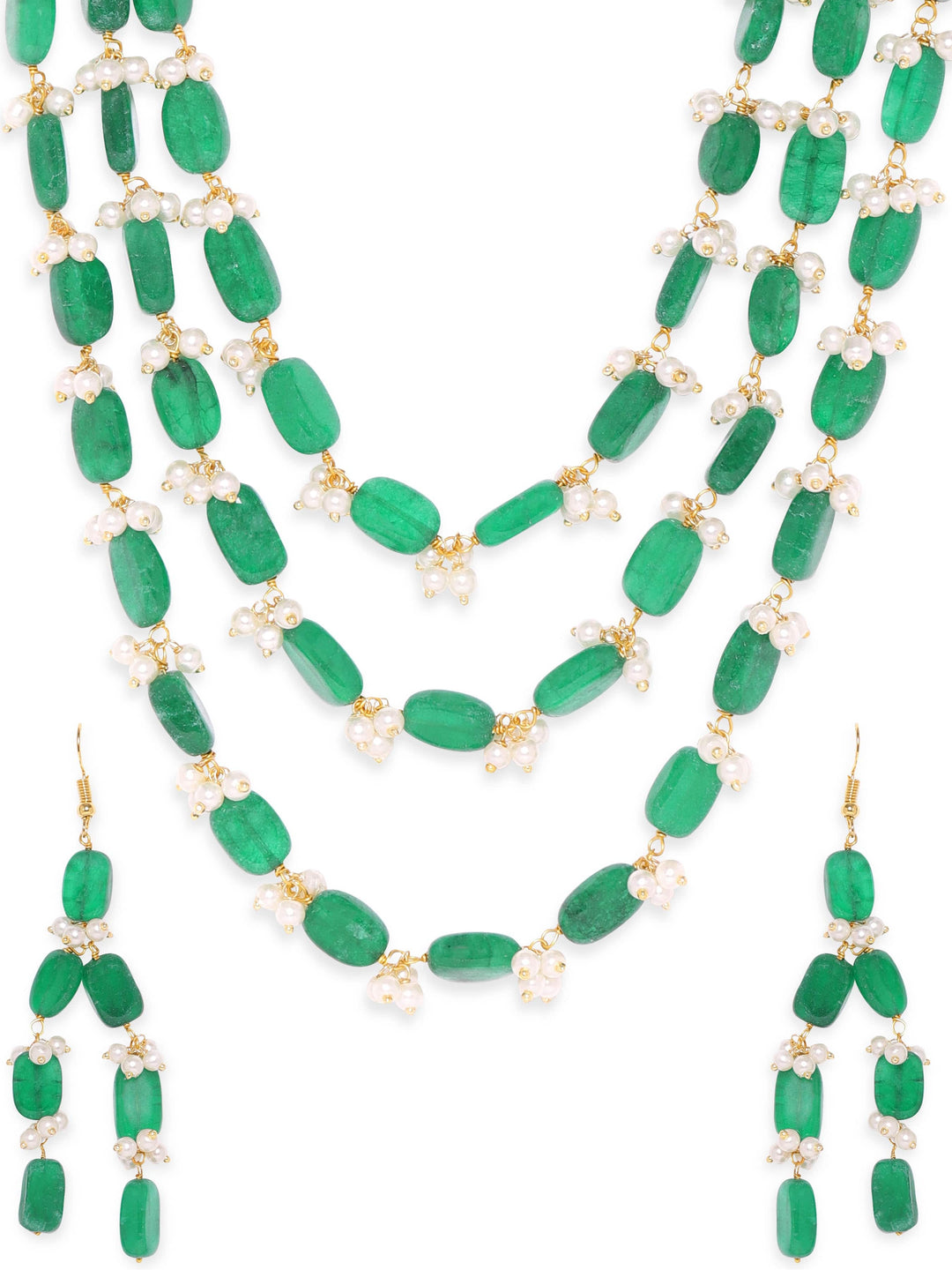 Gold Plated Semi Precious Green Aventurine Gem Beaded Zirconia studded Tri Layer Statement Necklace Set