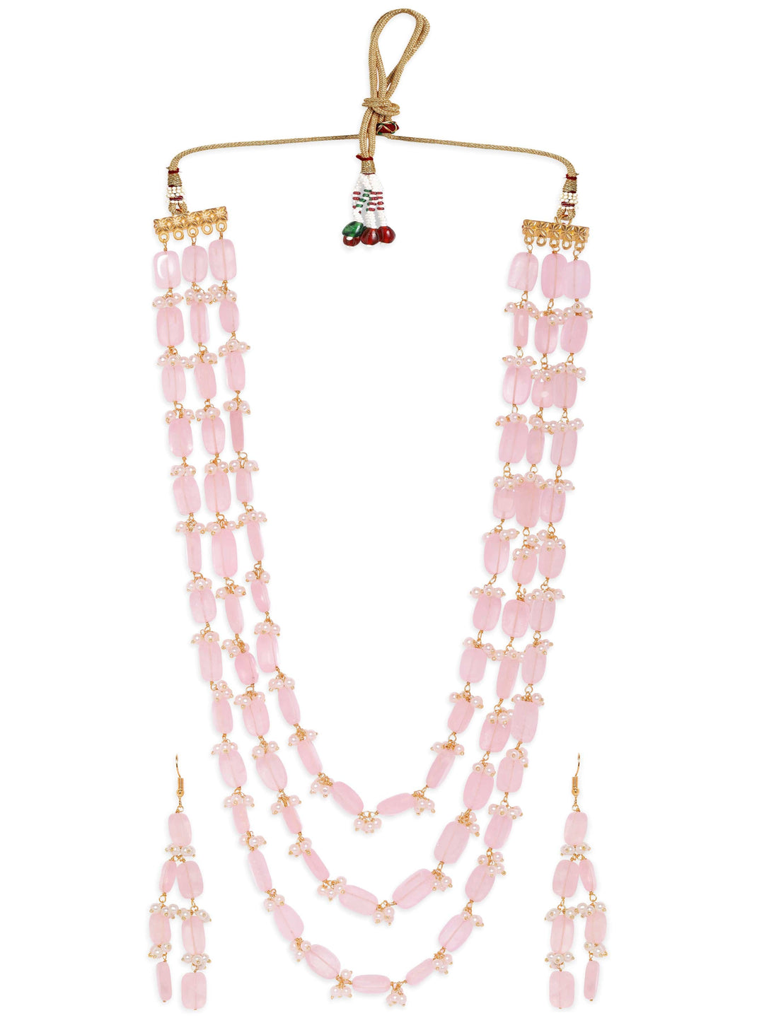Gold Plated Semi precious Rose quarts Gem Beaded Zirconia studded Multilayer Statement Necklace Set