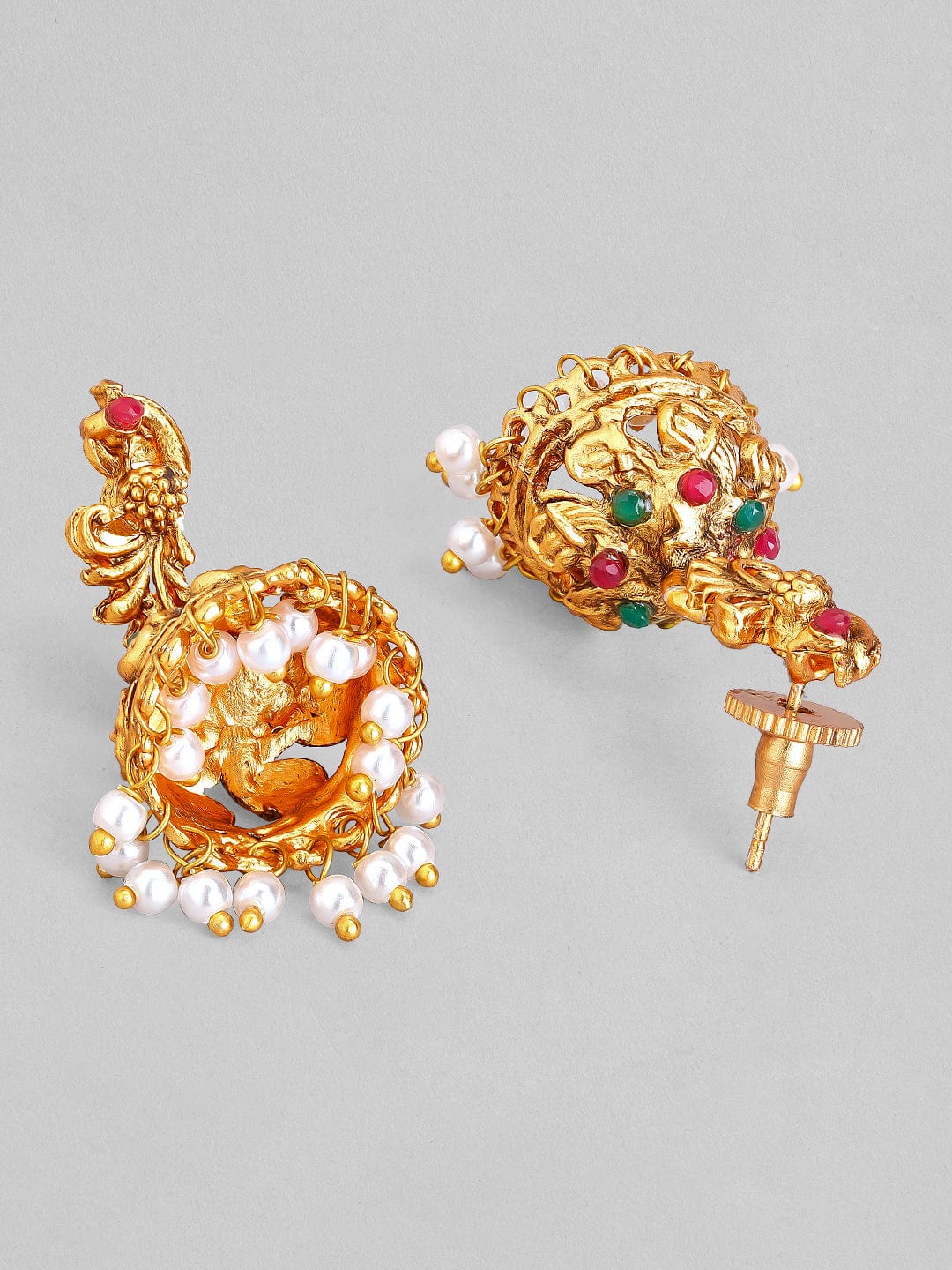 Gold-Plated Red & Green Stone Studded Handcrafted Traditional Temple Jewellery Set