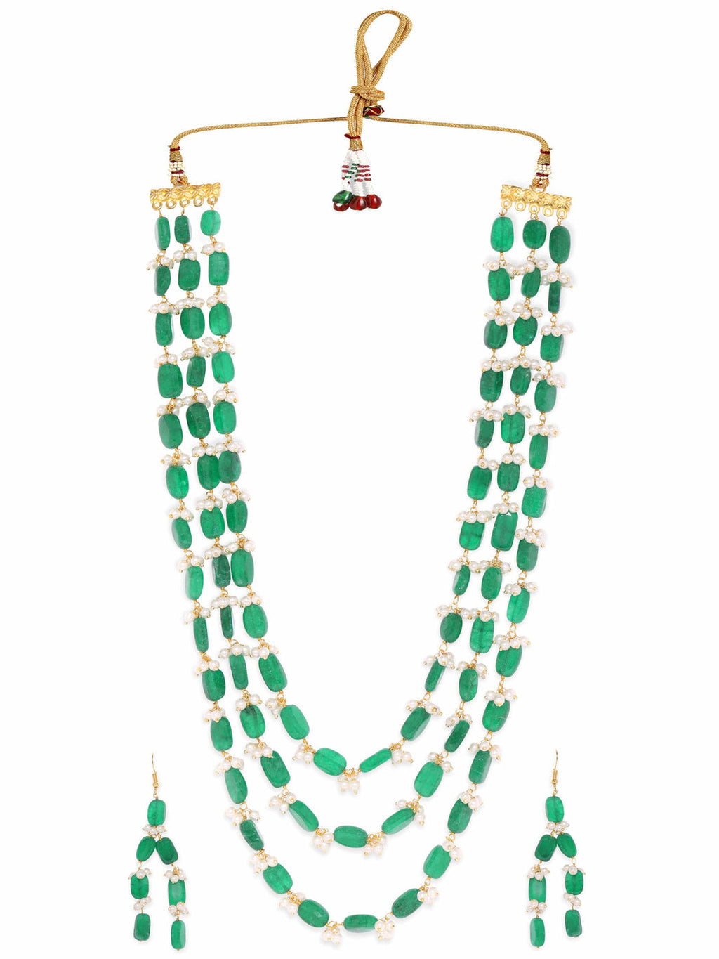 Gold Plated Semi Precious Green Aventurine Gem Beaded Zirconia studded Tri Layer Statement Necklace Set