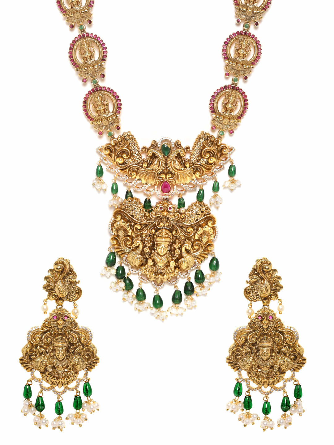 Gold plated Kemp Red & Green Stone, Handcrafted Pearl beaded Temple Necklace Set