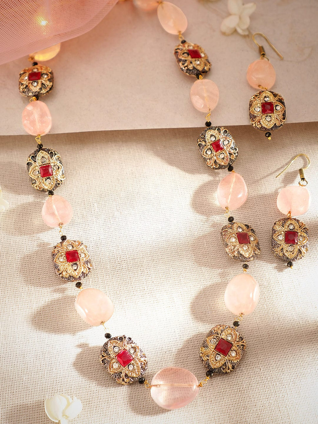Gold plated Semi precious Gem Rose Quartz Beaded Zirconia studded Victorian Statement Necklace Set