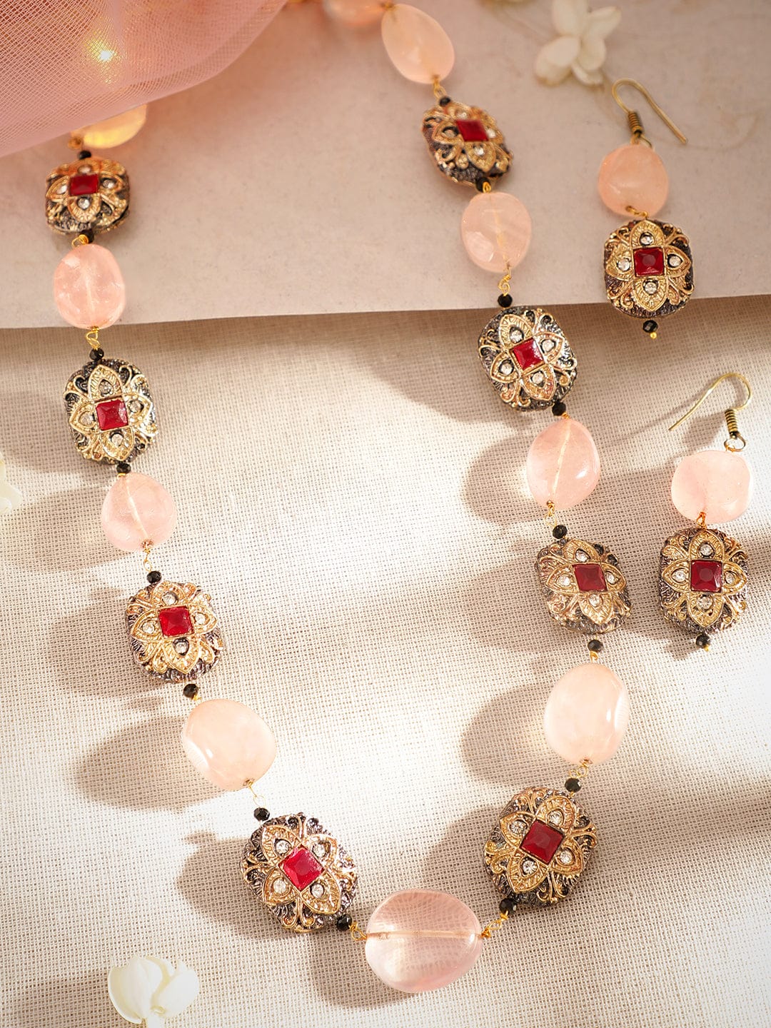 Gold plated Semi precious Gem Rose Quartz Beaded Zirconia studded Victorian Statement Necklace Set