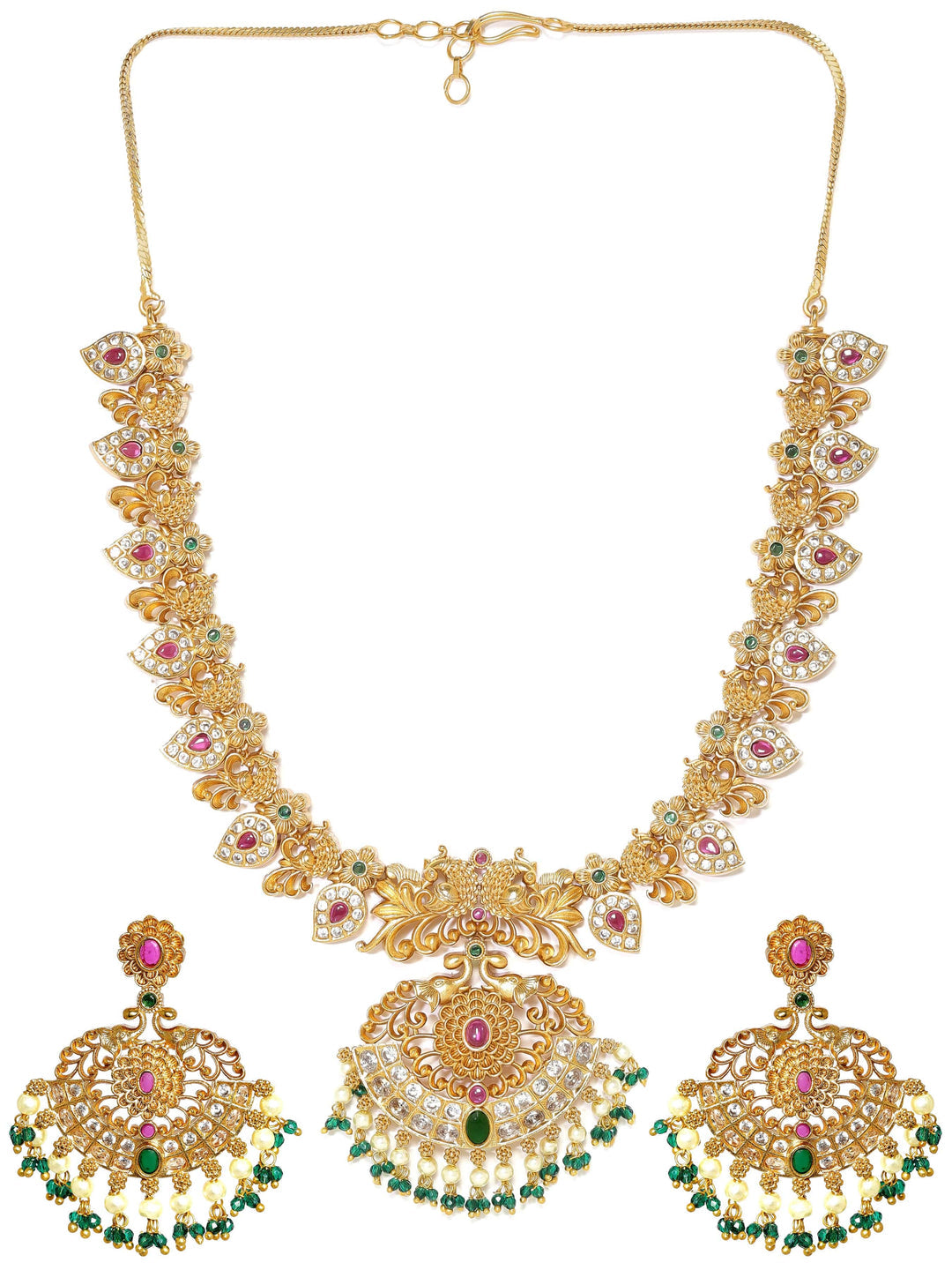Gold-Plated Peacock Motif Kemp & Zirconia Crystal Studded Pearl Beaded Handcrafted Necklace Set