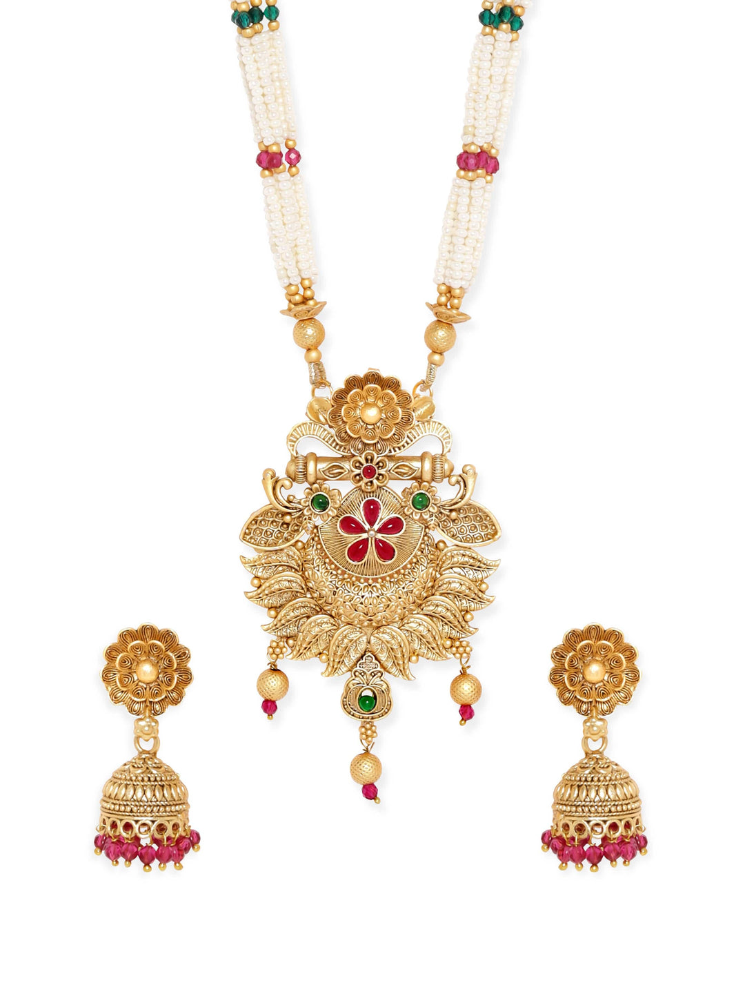 Gold toned Floral motif timeless charm pearl beaded necklace set