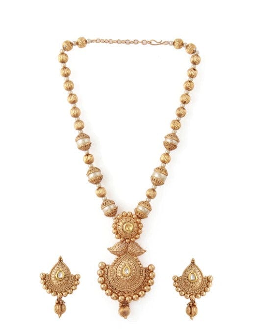 Traditional Handcrafted Gold Toned Kundan Embellished With Pearl And Gold Filigree Beads Necklace Set