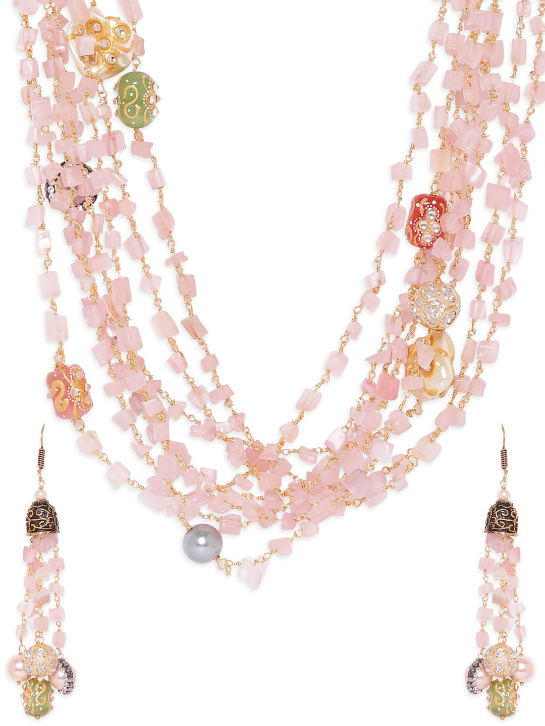 Gold plated Rose Quartz Semi precious Gem Beaded Zirconia studded Multilayer Statement Necklace Set