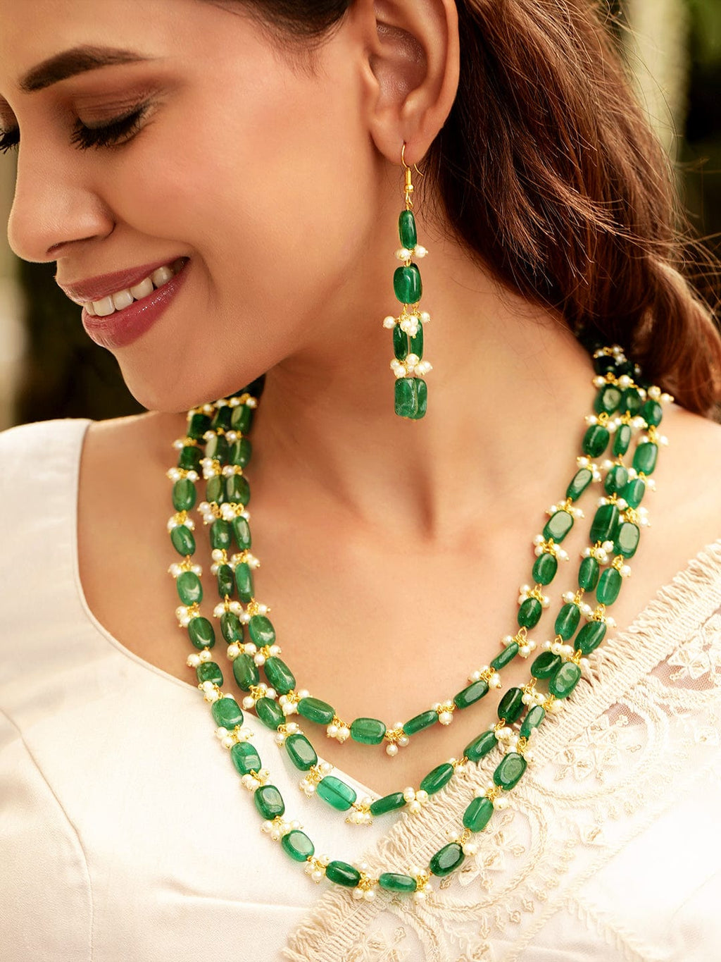 Gold Plated Semi Precious Green Aventurine Gem Beaded Zirconia studded Tri Layer Statement Necklace Set