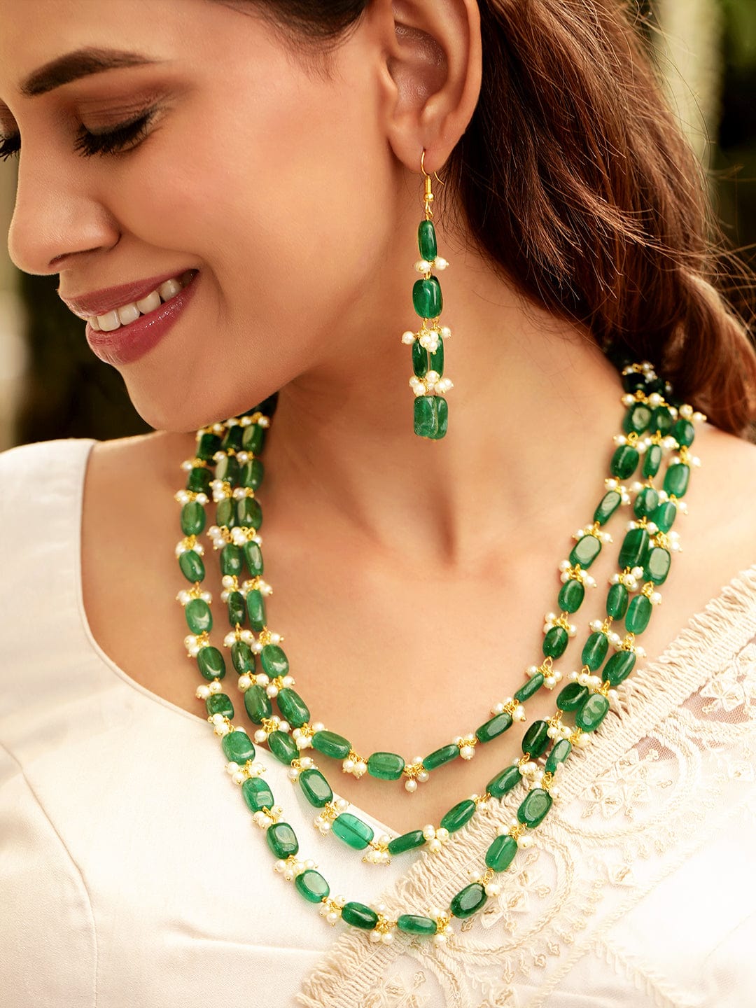Gold Plated Semi Precious Green Aventurine Gem Beaded Zirconia studded Tri Layer Statement Necklace Set