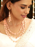 Gold Plated Semi precious Rose quarts Gem Beaded Zirconia studded Multilayer Statement Necklace Set