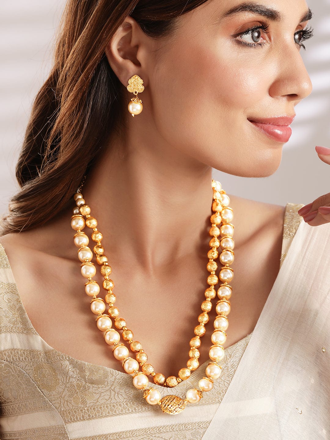 Traditional Handmade Pearl And Antique Gold Beads Strand Multilayer Necklace Set