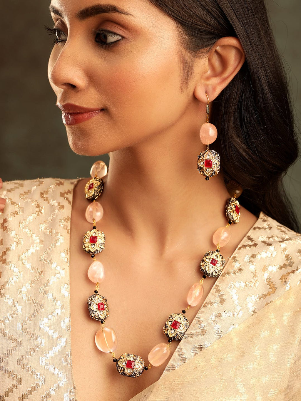 Gold plated Semi precious Gem Rose Quartz Beaded Zirconia studded Victorian Statement Necklace Set