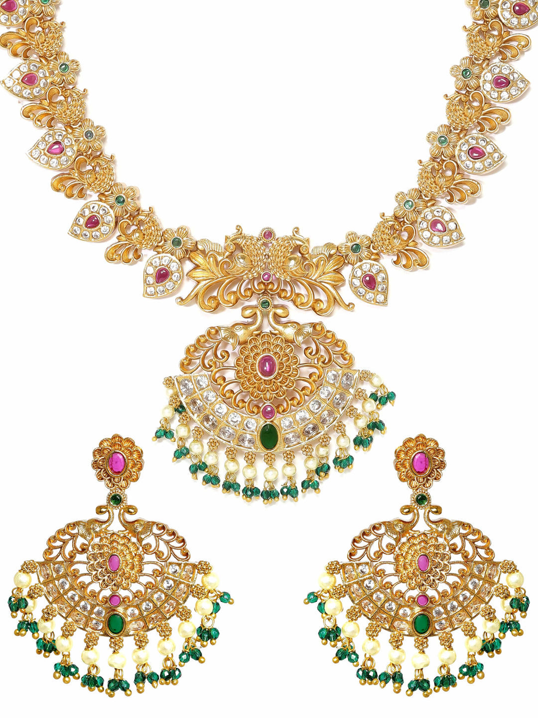 Regal Gold Tone Temple Necklace Set with Multicolored Stones