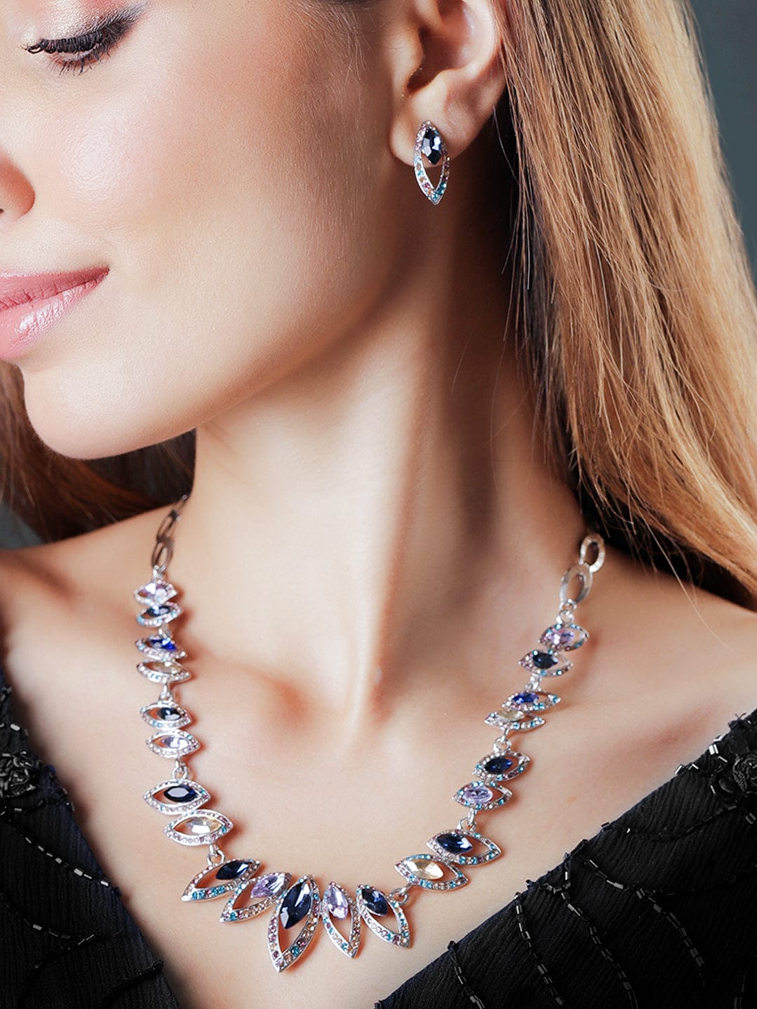 Rhodium-Plated Royal Kaleidoscopic Rhinestone Embellished Princess Necklace set