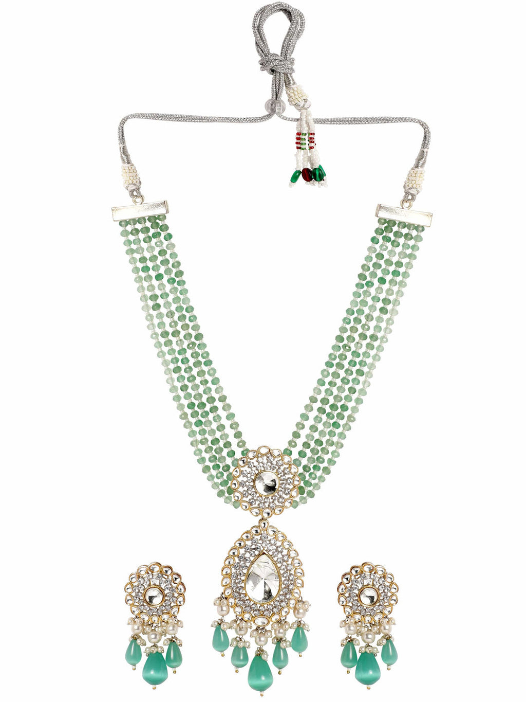 Gold plated polki studded turquoise blue beaded statement luxury necklace set