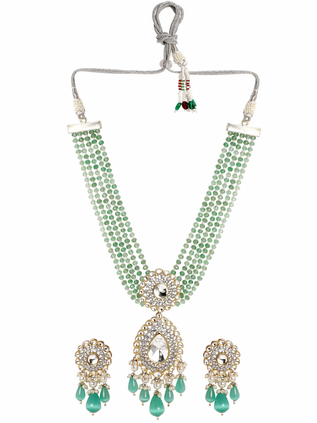 Gold plated polki studded turquoise blue beaded statement luxury necklace set