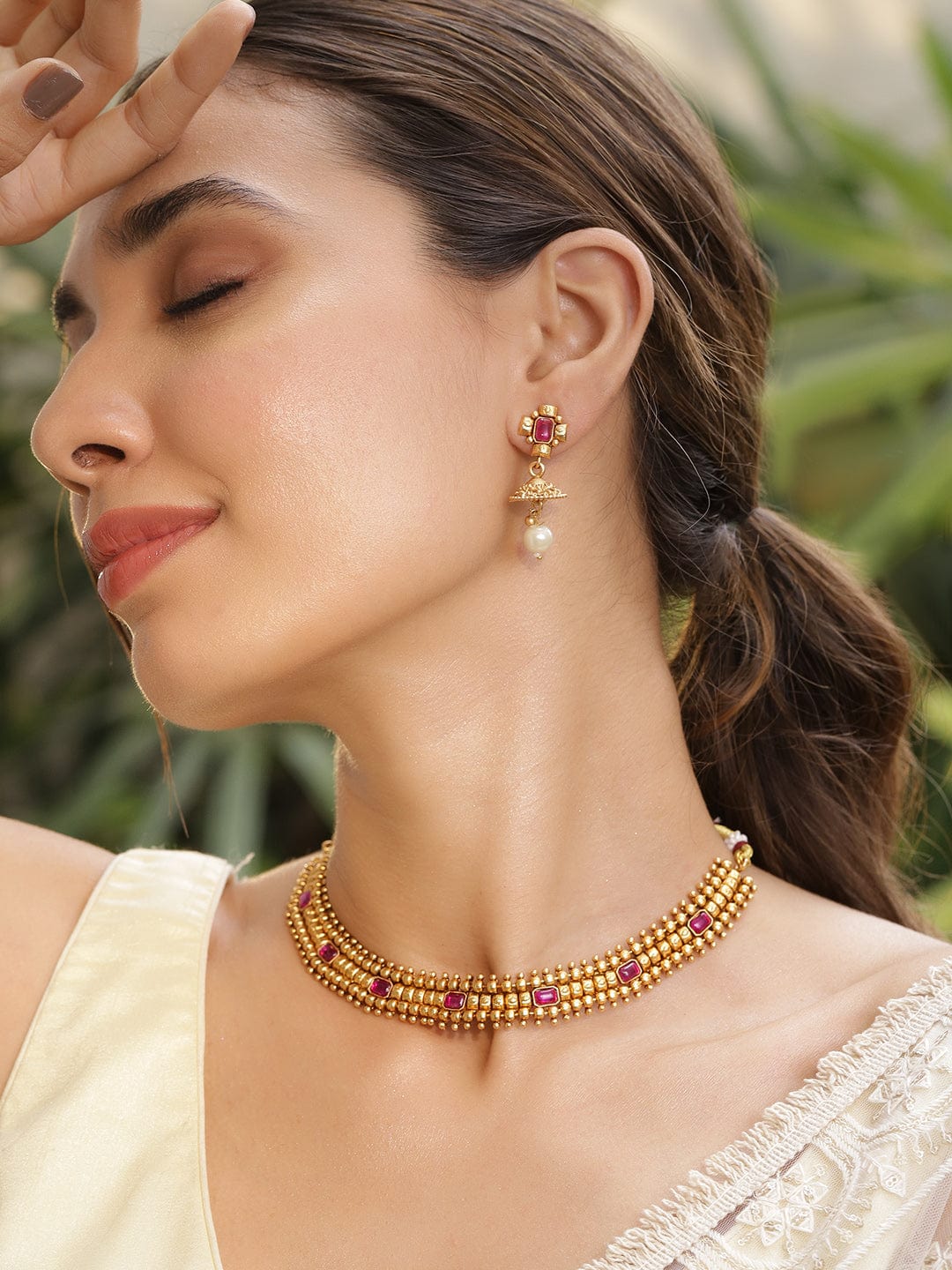 Gold-Plated Stone-Studded Pearl-Beaded Necklace Set