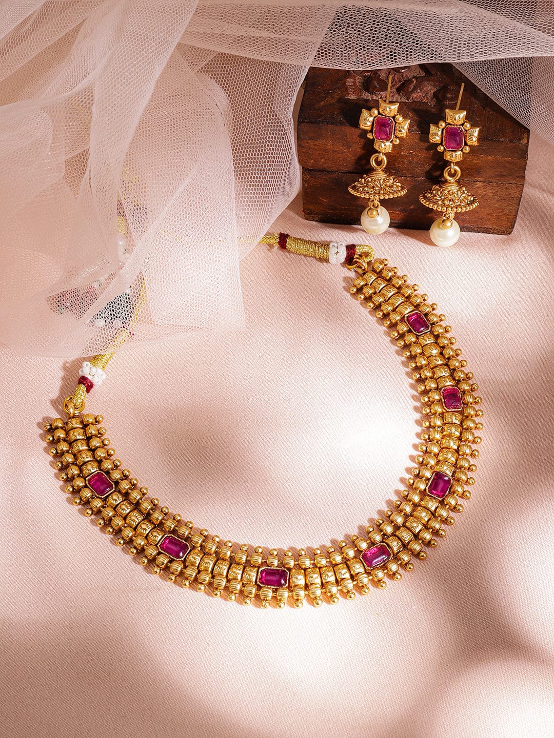 Gold-Plated Stone-Studded Pearl-Beaded Necklace Set