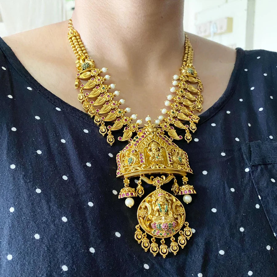 Antique matte Lakshmi peacock lotus short haaram set