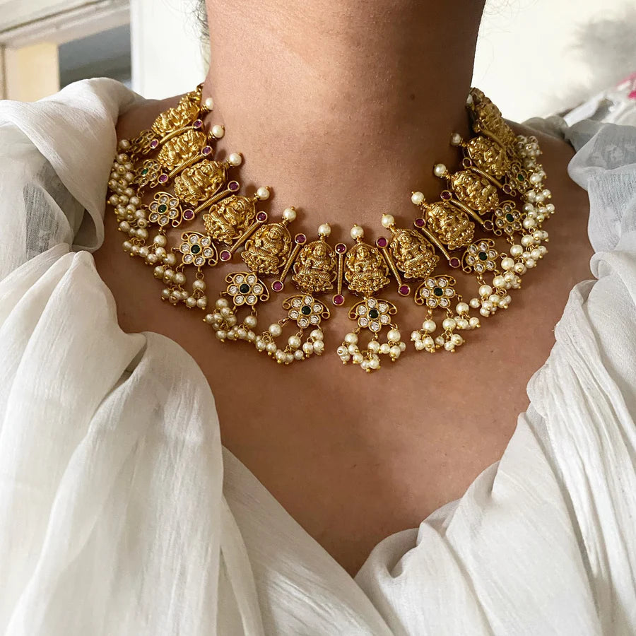 Antique matte CZ Lakshmi spike floral short set