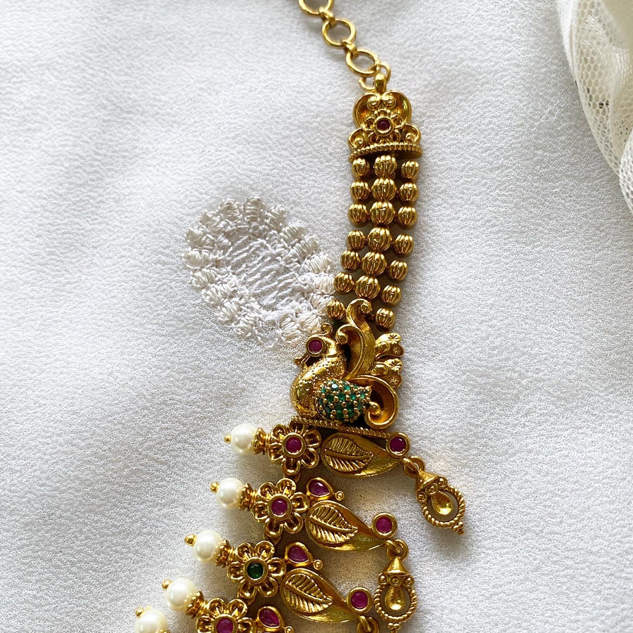 Antique matte Lakshmi peacock lotus short haaram set