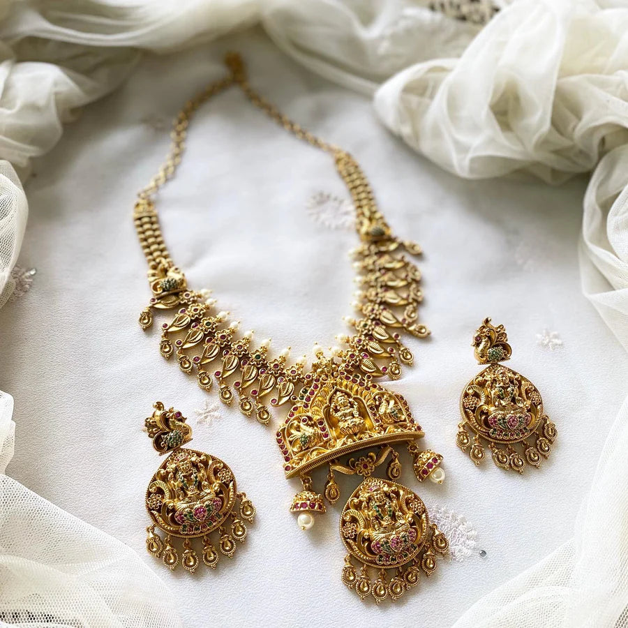 Antique matte Lakshmi peacock lotus short haaram set
