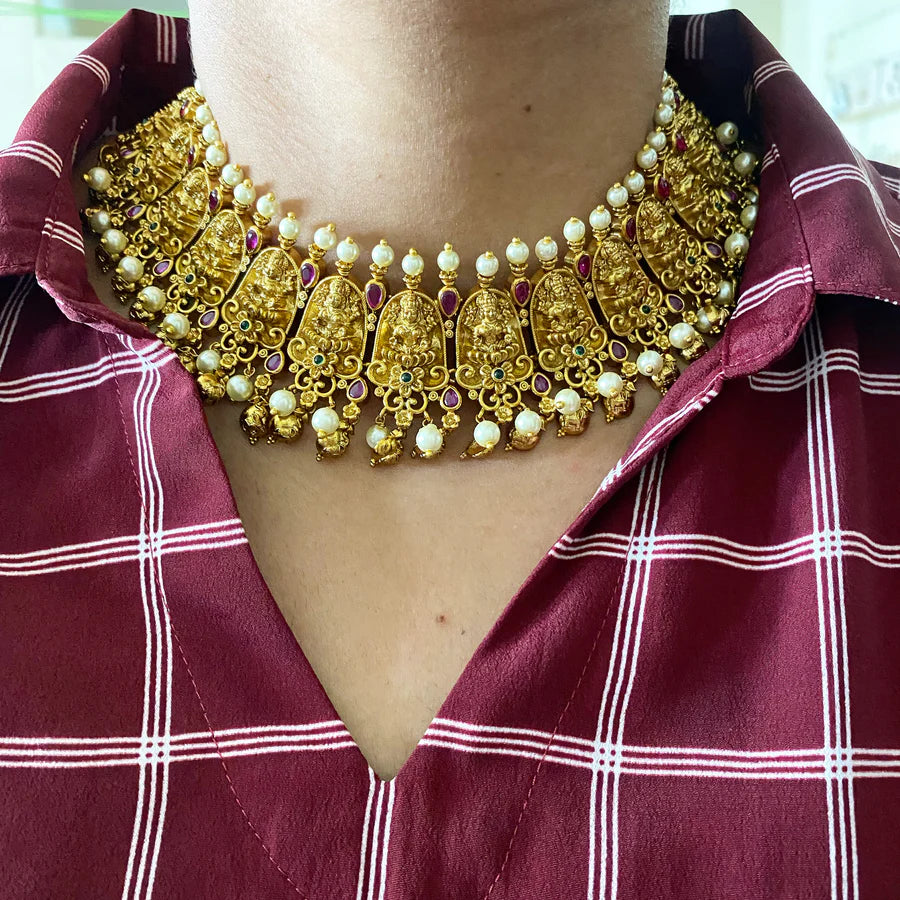 Matte Lakshmi temple pearl spike short set