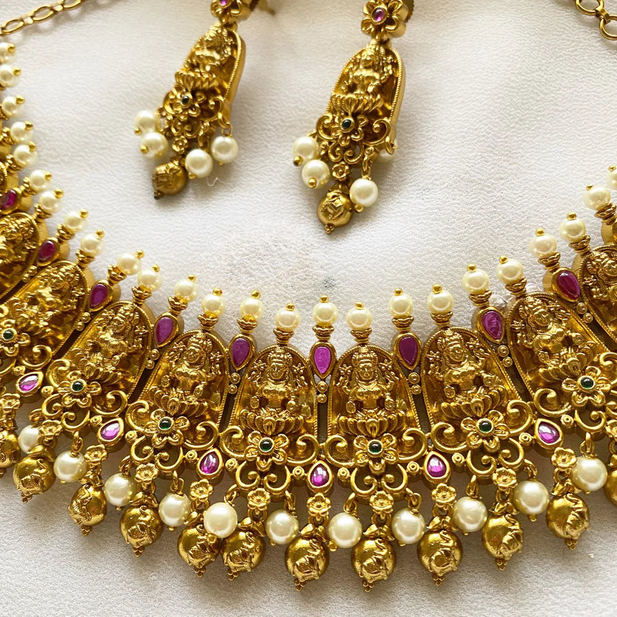 Matte Lakshmi temple pearl spike short set