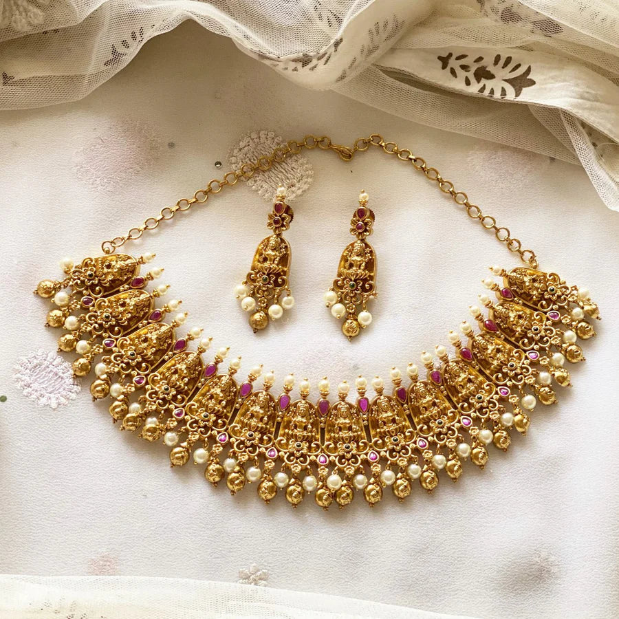 Matte Lakshmi temple pearl spike short set