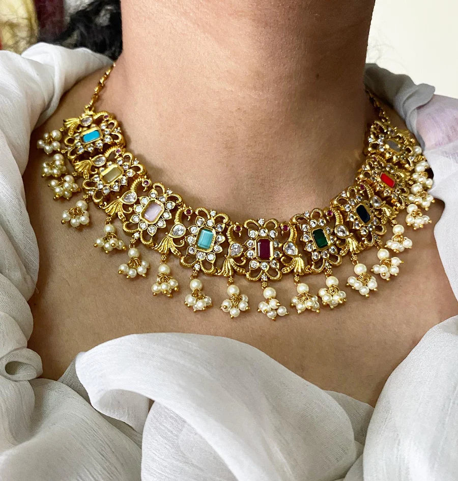 Navratna Antique matte peacock gutta short set