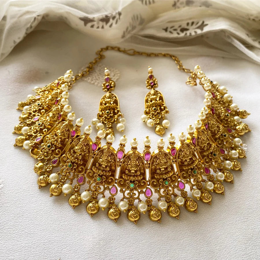 Matte Lakshmi temple pearl spike short set