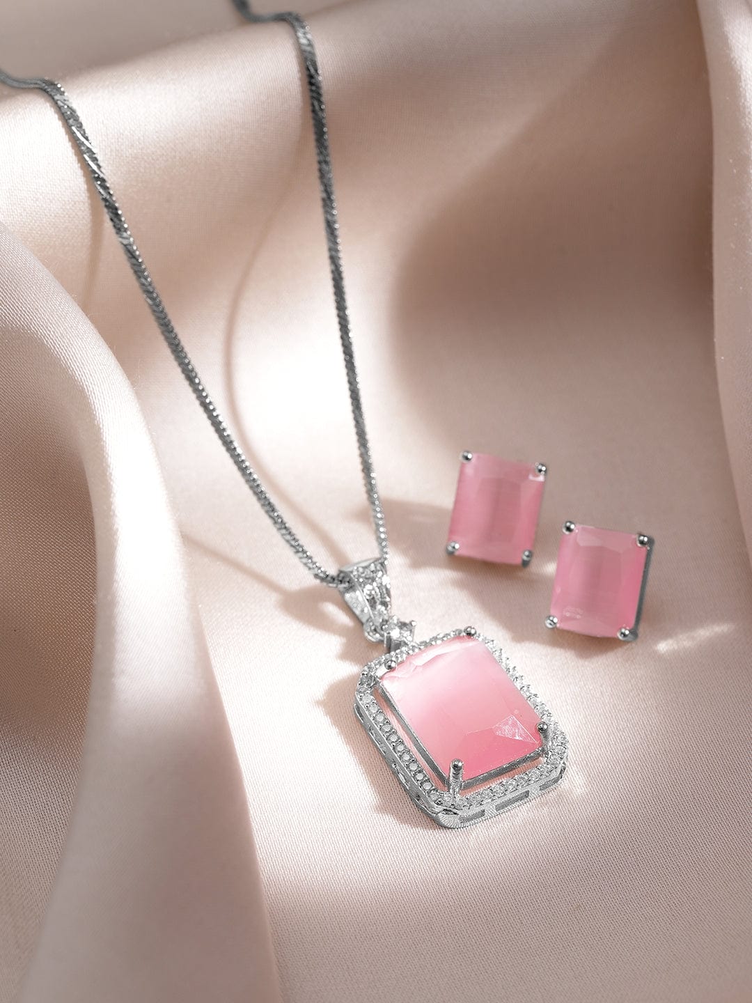 Rhodium-Plated Pastel Pink & CZ Studded Pendant Necklace Set