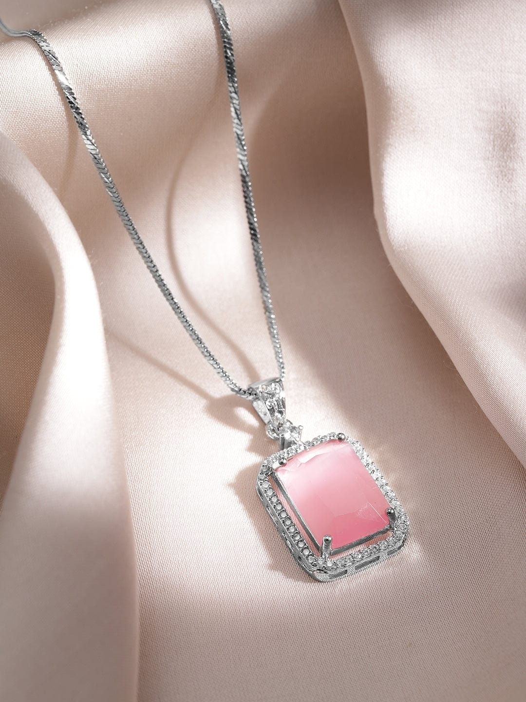 Rhodium-Plated Pastel Pink & CZ Studded Pendant Necklace Set