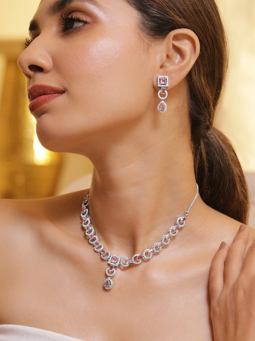 Rhodium-Plated Pastel Pink & Teardrop Cubic Zirconia Studded Premium Jewellery Set