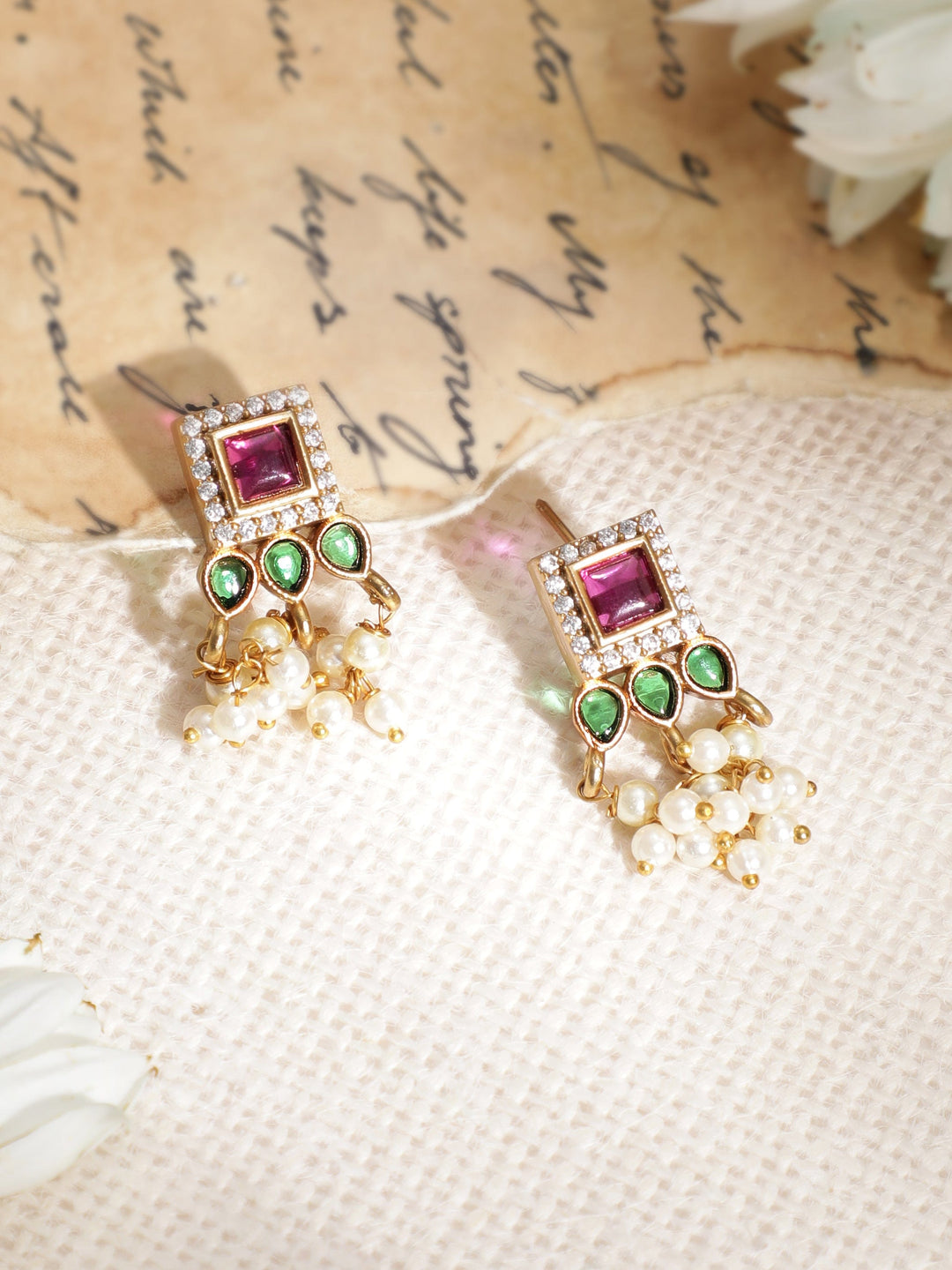 Gold-Plated CZ-Studded Pearl-Beaded Jewellery Set