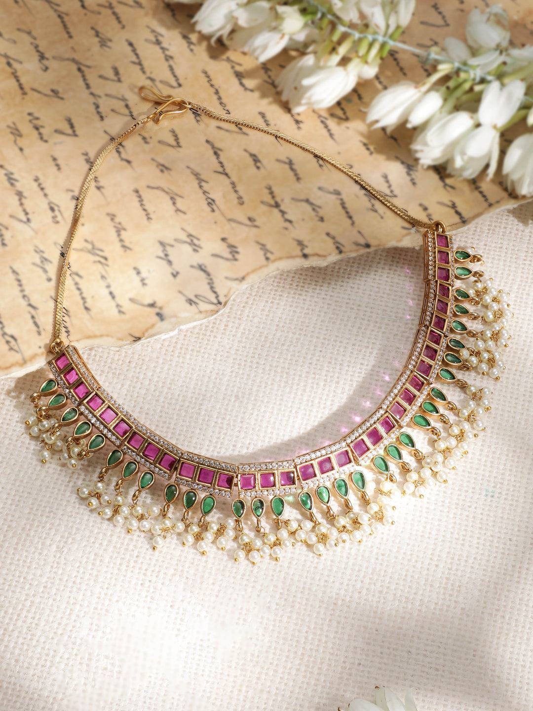 Gold-Plated CZ-Studded Pearl-Beaded Jewellery Set